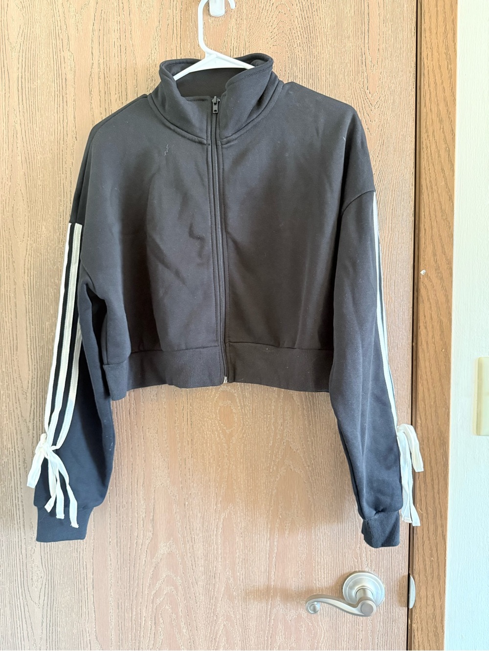 Forever 21 Black Cropped Bomber Jacket with White Sleeve Stripes
